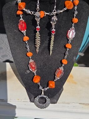 Orange Acrilic Beades & Red glass w/ Hemetite Pendant